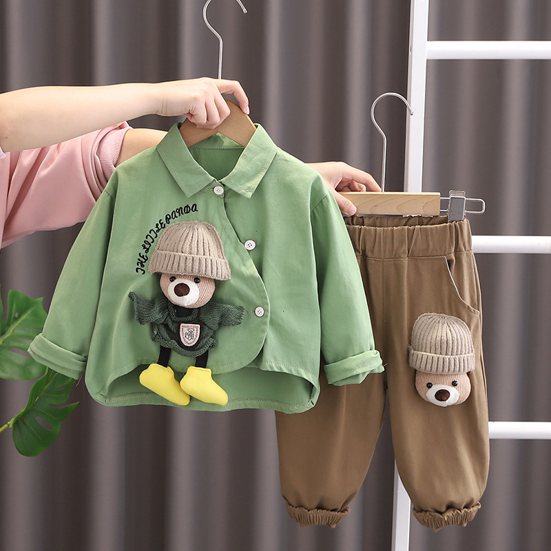 Baby trendy spring outfit set 2025 new children's doll bear shirt two-piece set for boys' spring and autumn long sleeves free shipping