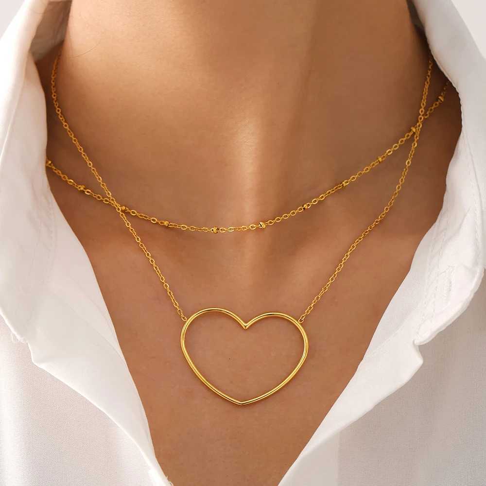 Women Simple Big Heart Love Pendant Choker Necklace Gold Plated 2 Strings Punk Clavicle Chain Jewelry Gift WholesaleXJ251018