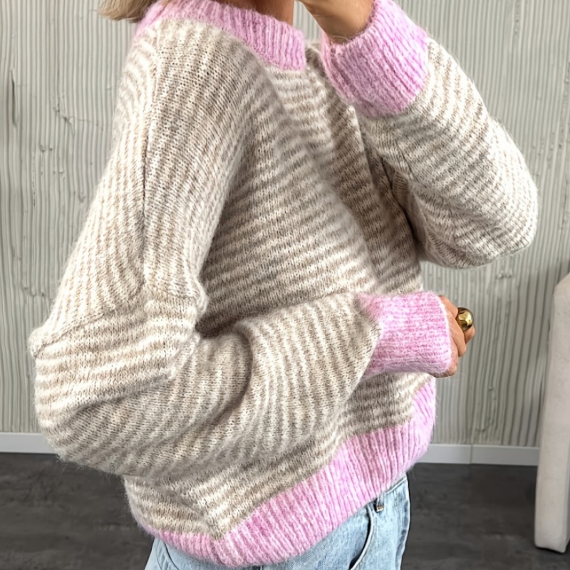 Women's Casual Retro Striped Color Block Sweater - Loose Long Sleeve Crew Neck Knit Top for Autumn Winter