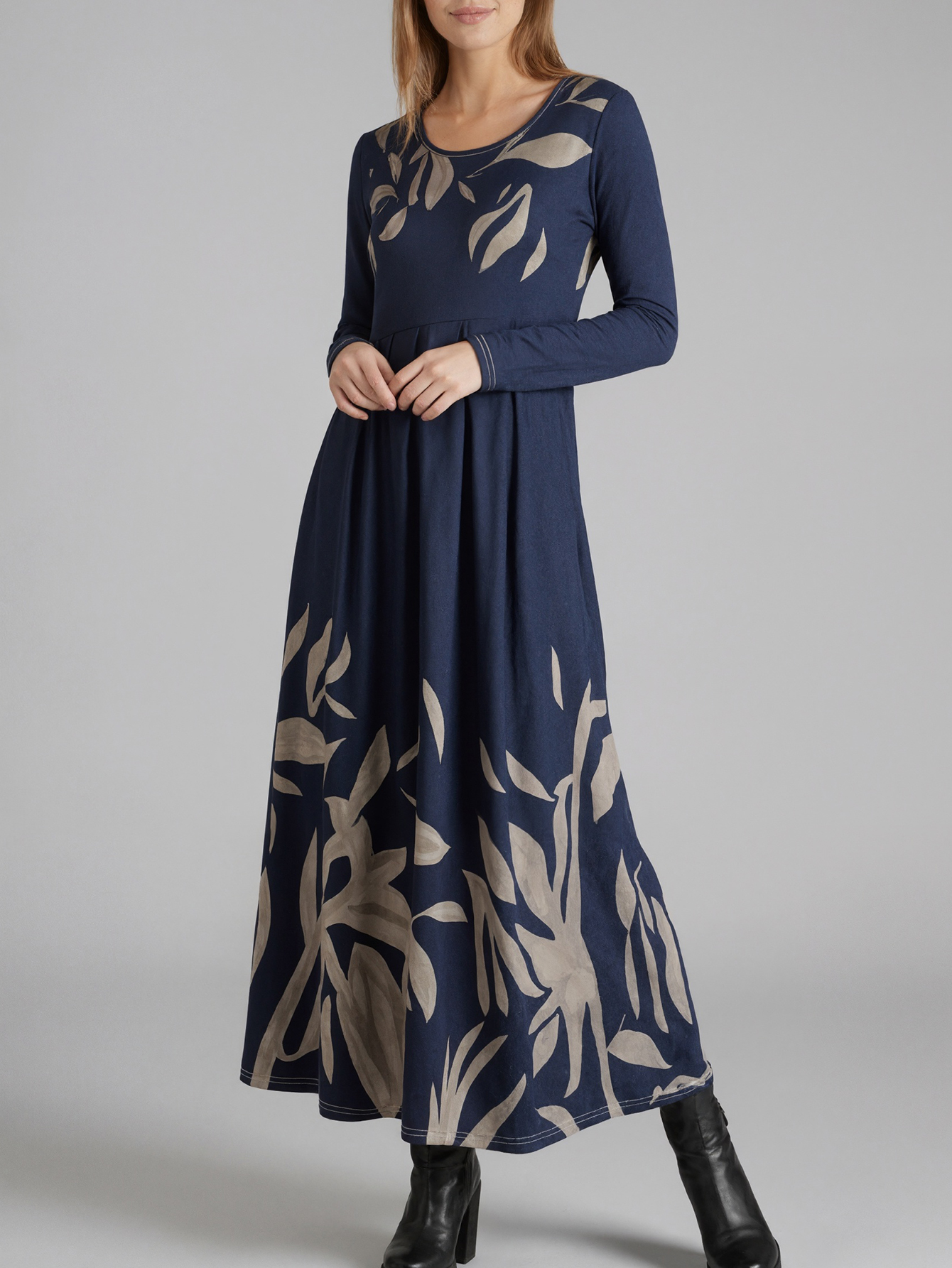 Women's Autumn Winter Botanical Floral Print Maxi Dress - Elegant Office Casual Long Sleeve Dress-CF56260