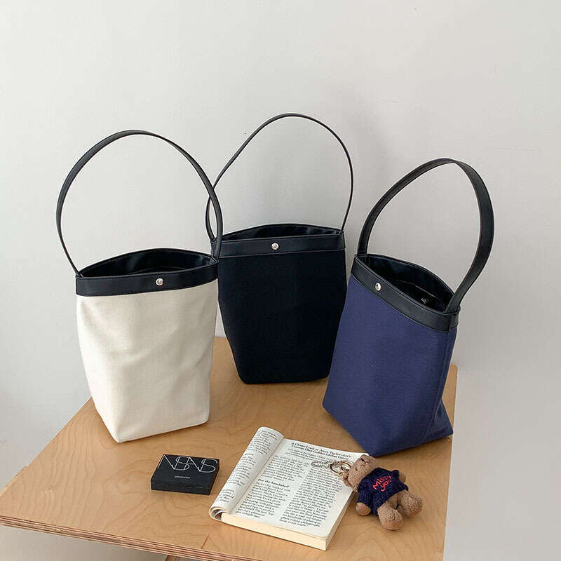 Korean Niche Summer Color-Block Bucket Large Capacity Canvas Commuter Light Luxury Style Shoulder Bag B5