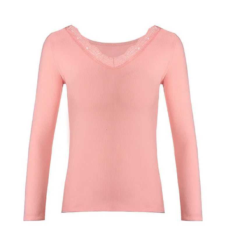 New Lace bottoming shirt for women Winter Womens Thermal Underwear Plus Velvet VONeck Basic Thermos Longsleeved Tops Female T251018