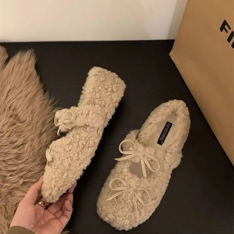 Warm Mary Jane Shoes for Women Hook Loop Flat Low Heels Round Toe Shoes Women Solid Fur Plush Butterfly Knot Casual Shoes 251013