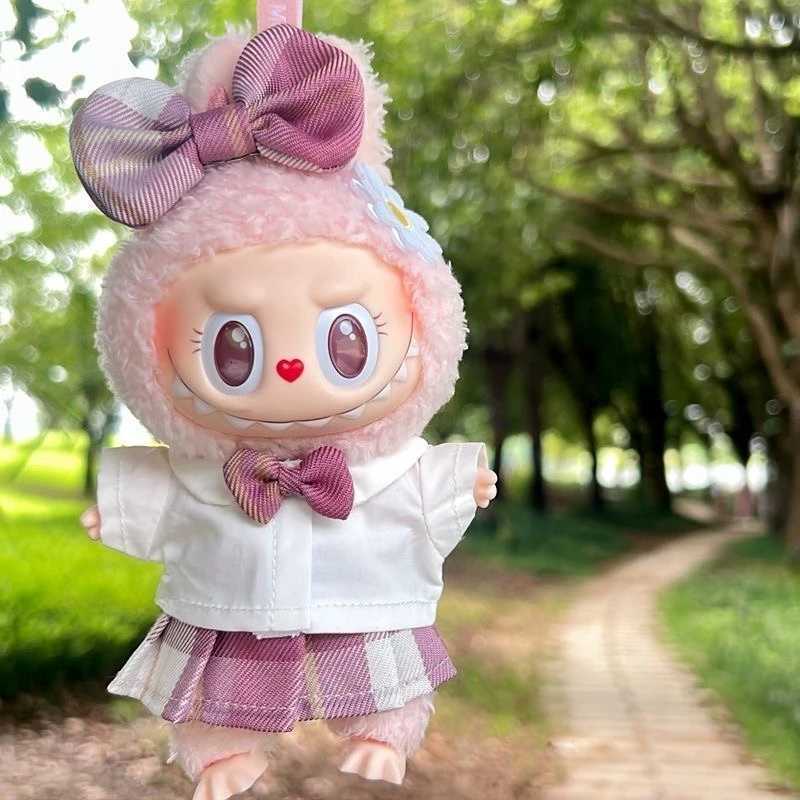 For 17cm Labubus Mini Doll clothes Bow headband shirt JK plaid skirt set Labubu girl clothing Outfit shoes camera accessorieT251018