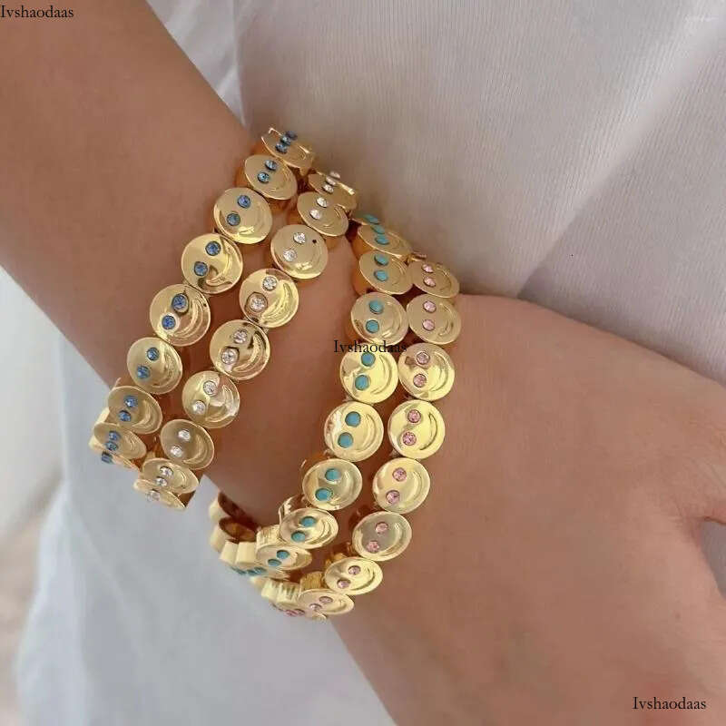 Gold Color Fashion Happy Face Girls Bracelet Cubic Zirconia Beads Golden Women Men Gifts Jewelry Access