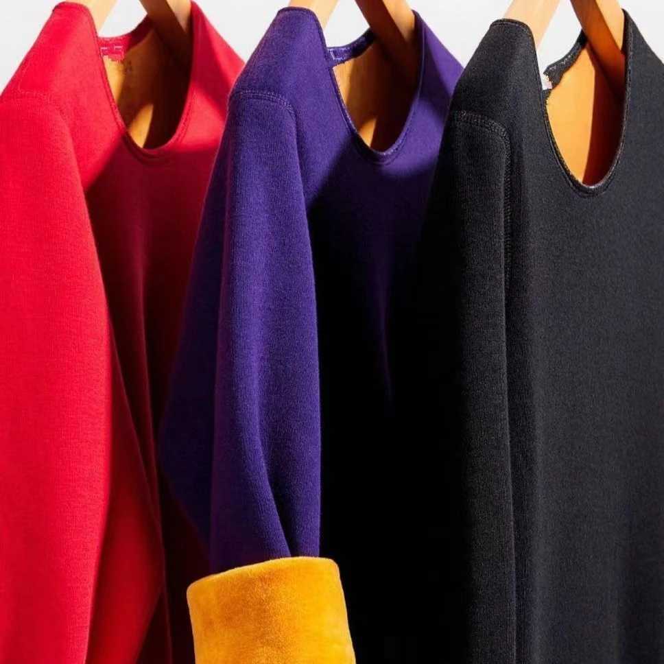 Women Winter Thermal Longsleeved Tshirt Round Neck Solid Lined with Fleece Pullover Stretchy Comfortable Thick Thermal Shirt T251018