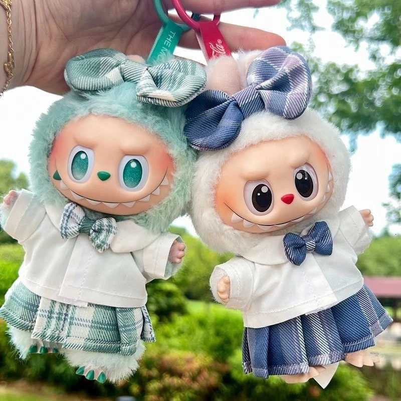 For 17cm Labubus Mini Doll clothes Bow headband shirt JK plaid skirt set Labubu girl clothing Outfit shoes camera accessorieT251018
