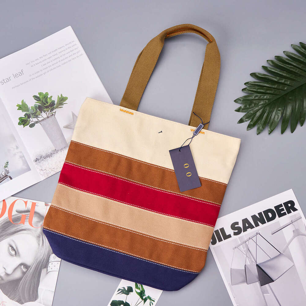 New Striped Color Block Embroidered Canvas Bag B5