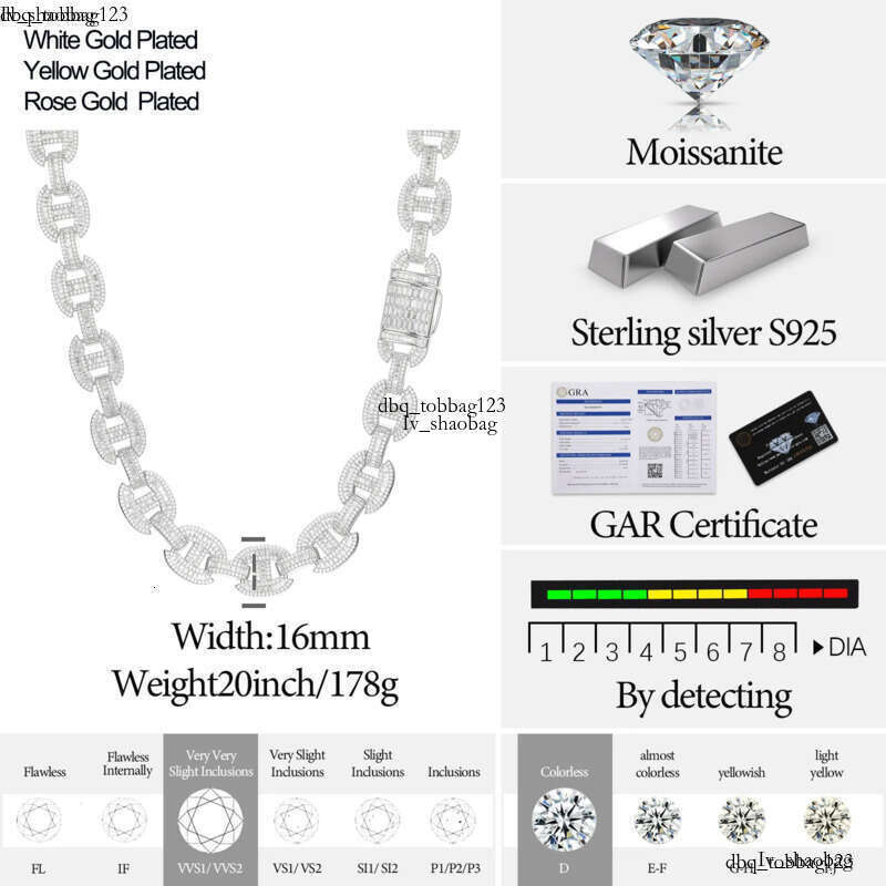 High Quality 16mm Baguette Moissanite k Sterg Sier Lab Mossanite Dia Iced Out Cuban Chain For Men