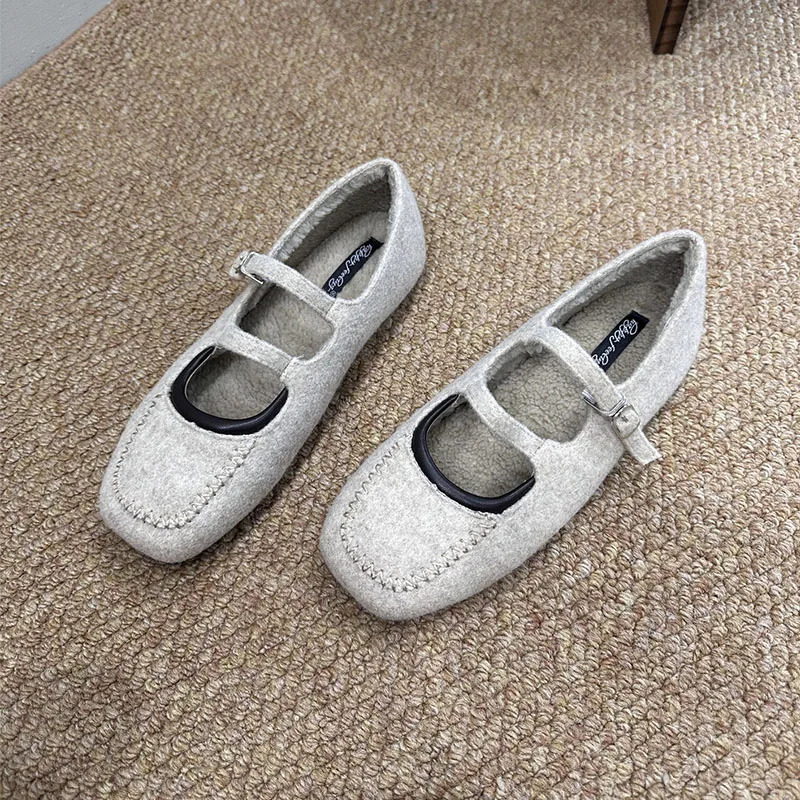 Fashion Square Toe Flats Fur Shoes For Ladies Furry Female Buckle Strap Footwear Women Mary Janes Flats With Plush Shoes 251013