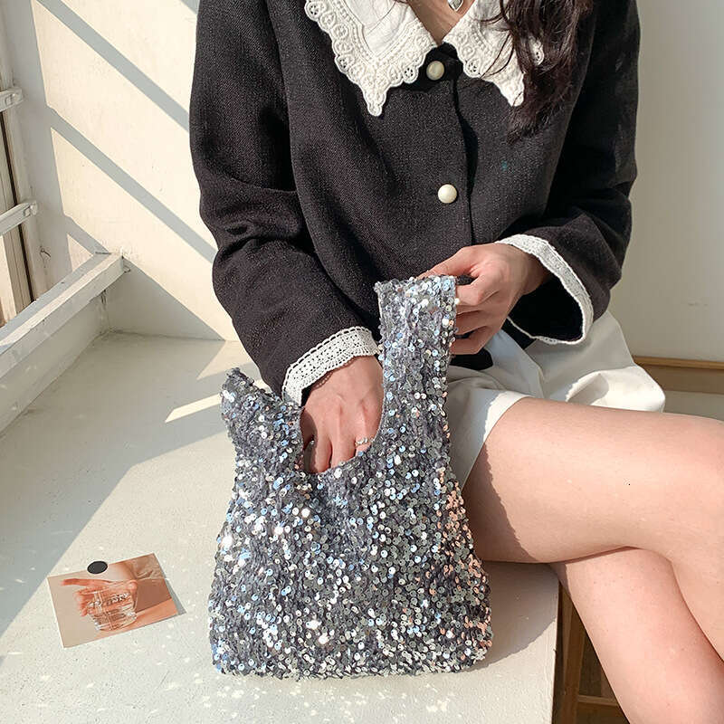 Niche Sequin New Fashion Korean Version Bucket Bag Trendy Silver Bling Handbag For Women B5