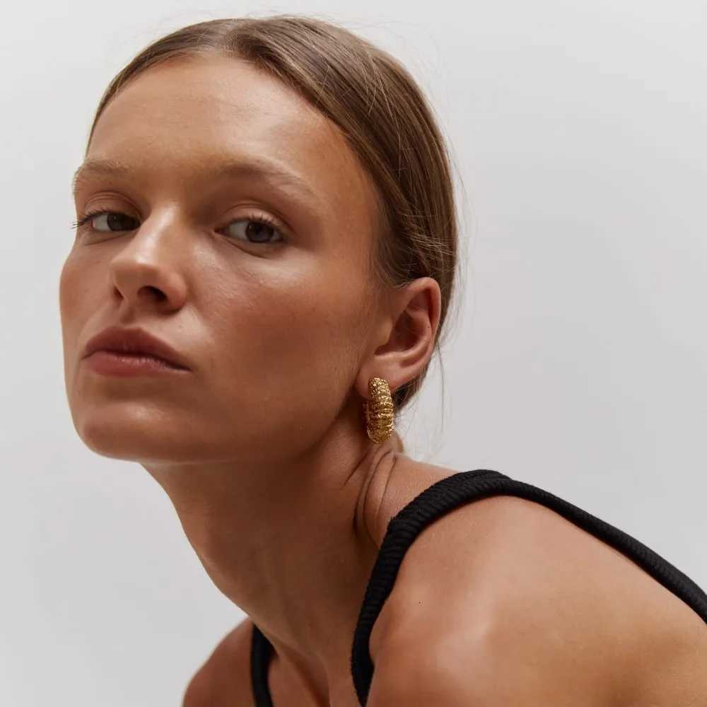 Stainless Steel Hoop Earrings Striped Pleated Texture 18K Gold PVD Plated C Shape Earrings Charm Fashion Wedding Party Jewelry Y251018