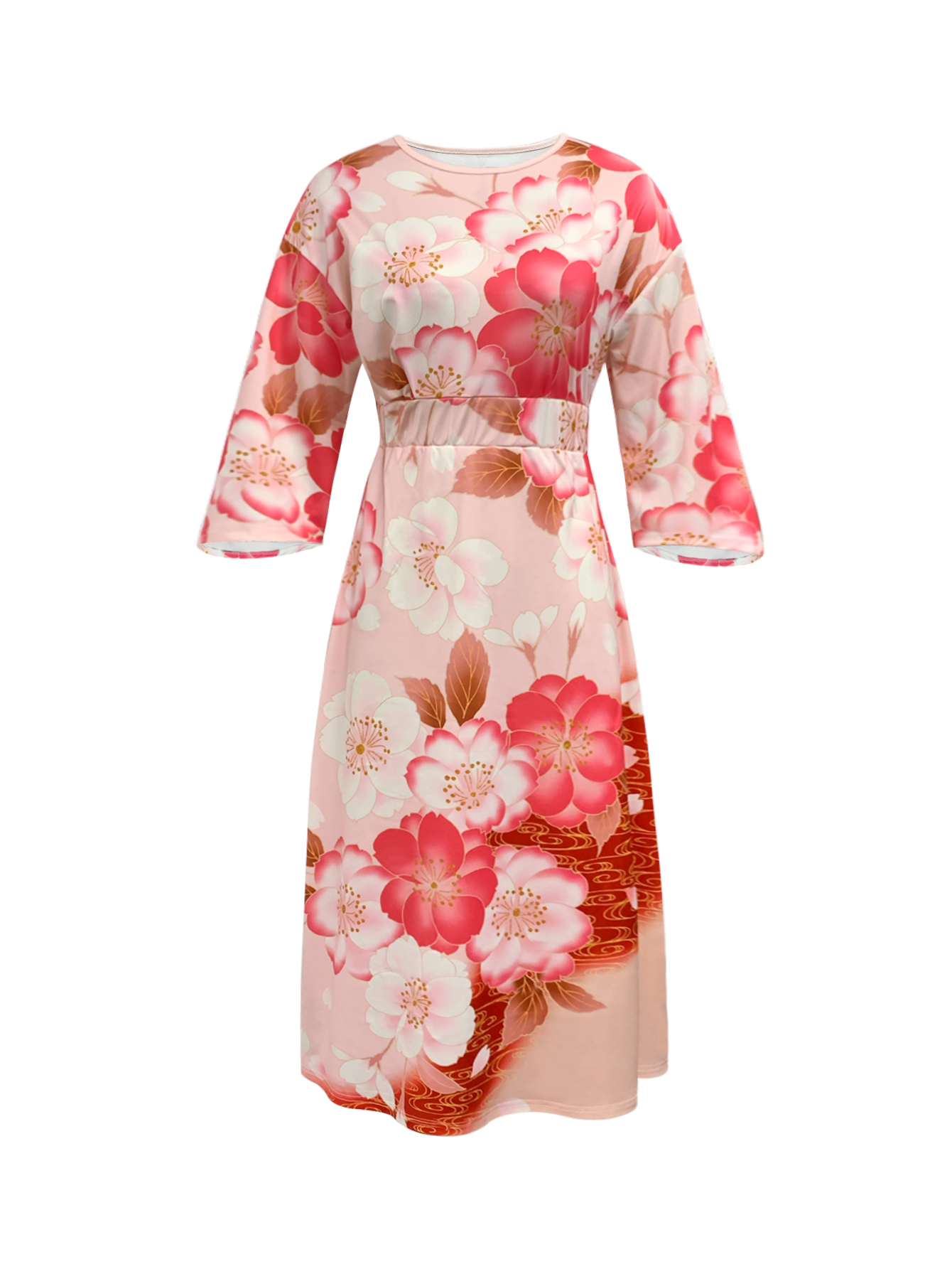 Women's Autumn Winter Floral Print Midi Dress - Elegant Vacation Casual Long Dress-CF50886