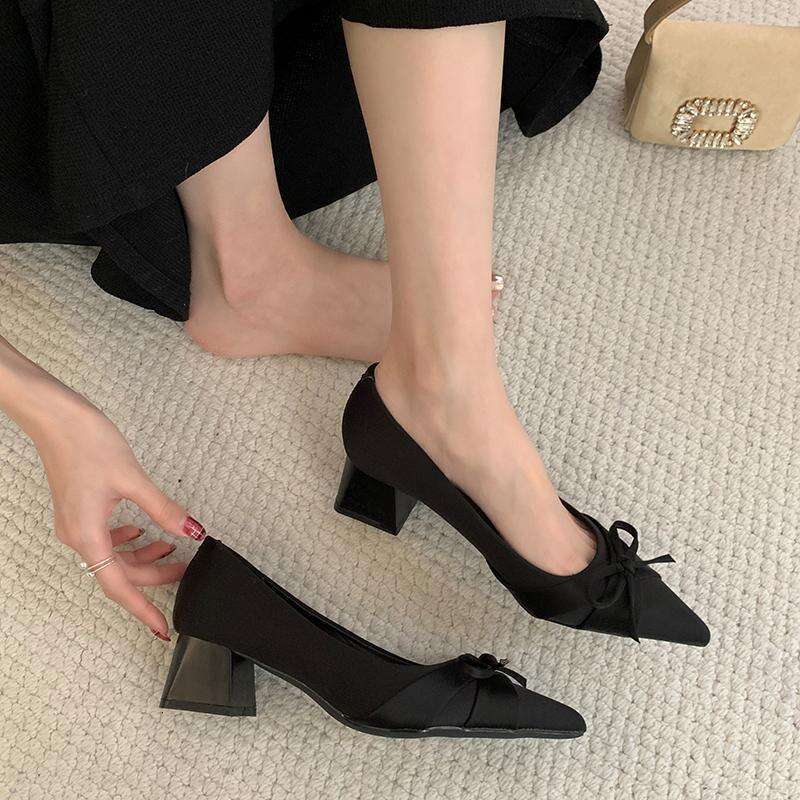 French Style Pointed Toe Single Shoes for Women, Chunky Heel 2025 New Designer Shoe Gentle Style, Elegant Bowknot Mid-Heel Shoes, High Heels
