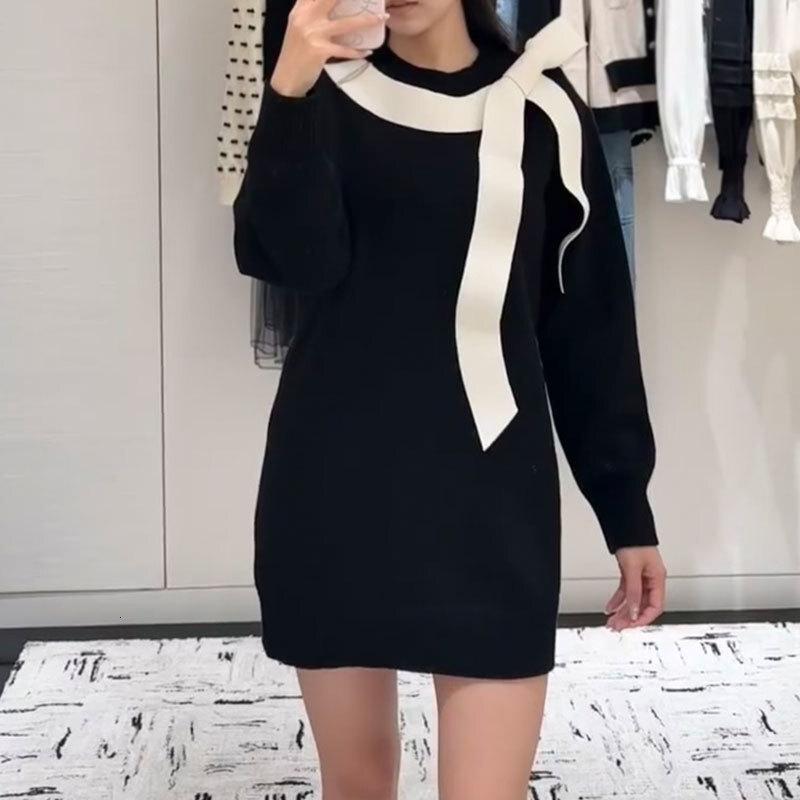 Chan New Women Designer Cashmere Blend Sweater Dresses Simple High Quality Long Sleeve Bow Black Sweater Fashion Paris Runway Elegant Long Pullover Cl