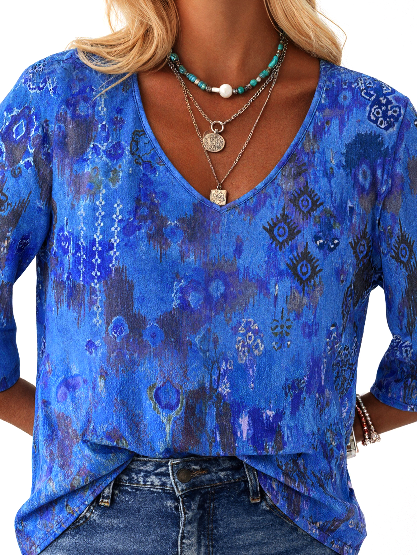 Women's Plus Size Retro All-Over Printed Long Sleeve Top - Casual Versatile Blue T-Shirt-YL25248