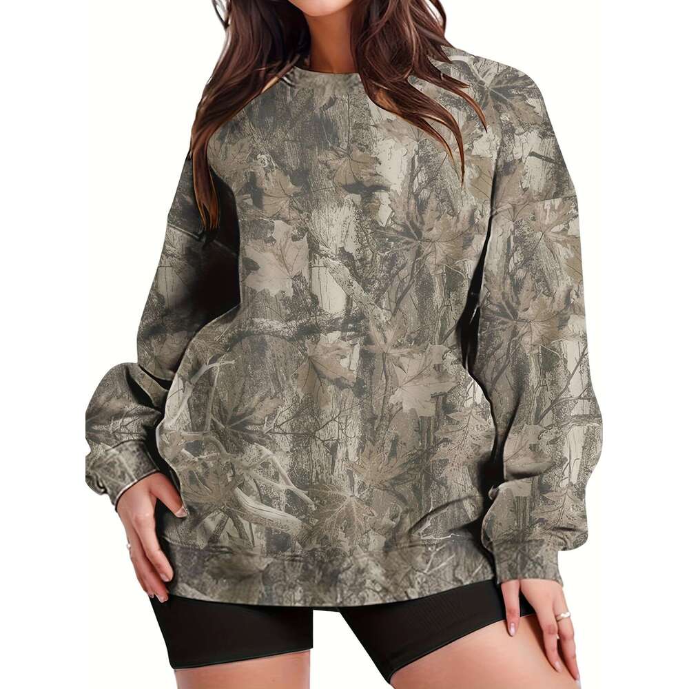 Women's Oversized Camo Sweatshirt - Long Sleeve, Loose Fit, Green & Black Leaf Pattern, Pullover With Ribbed Cuffs, All-Season Comfort, Casual We