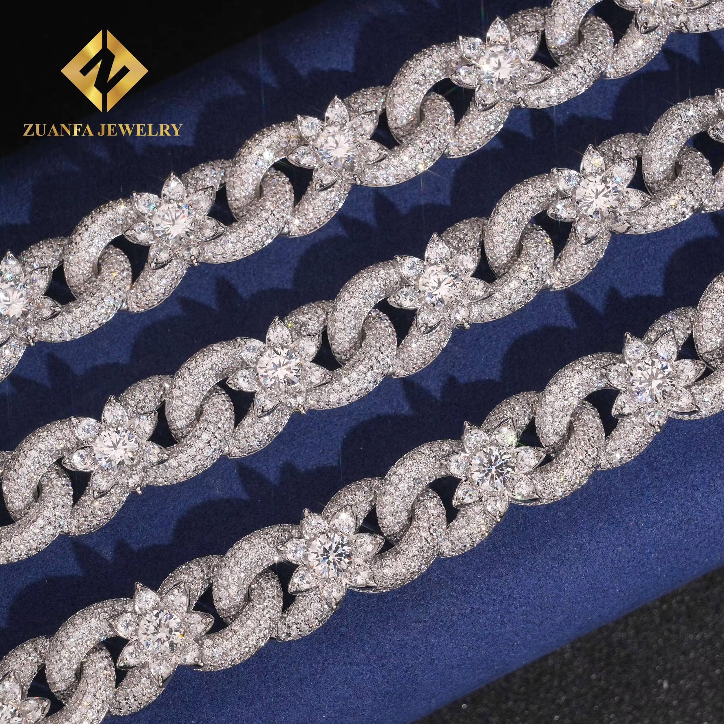 18mm Cuban Link Chain Infinity Flowers for Men Miami Necklace Iced Out Hip Hop Jewelry in 925 Silver Moissanite Diamond Mosaic