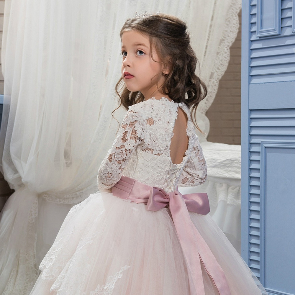 Elegant Idyllic First Communion Gown Flower Girl Dress with Bow Sash Tulle Appliques Wedding Dresses Kids Birthday Party Gowns Z250630