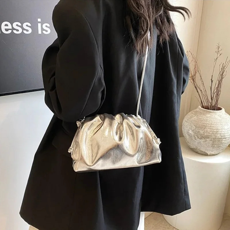 Small Design Womens Soft PU Leather Gold Silver Cloud Hobo Bag Elegant Dressy Handbag Ruched Dumpling Party Clutch Purse R251018