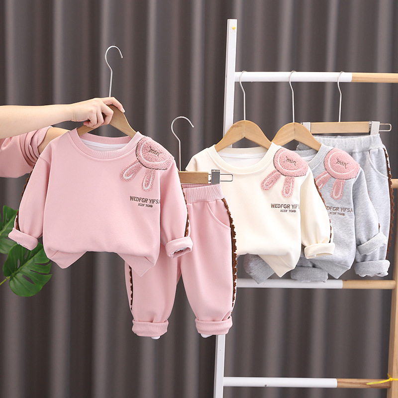 Girls' Set Spring and Autumn 2025 New Style Western Girl Baby Autumn Edition Rabbit Ear Hoodie Children's Clothing Spring Clothing free ship