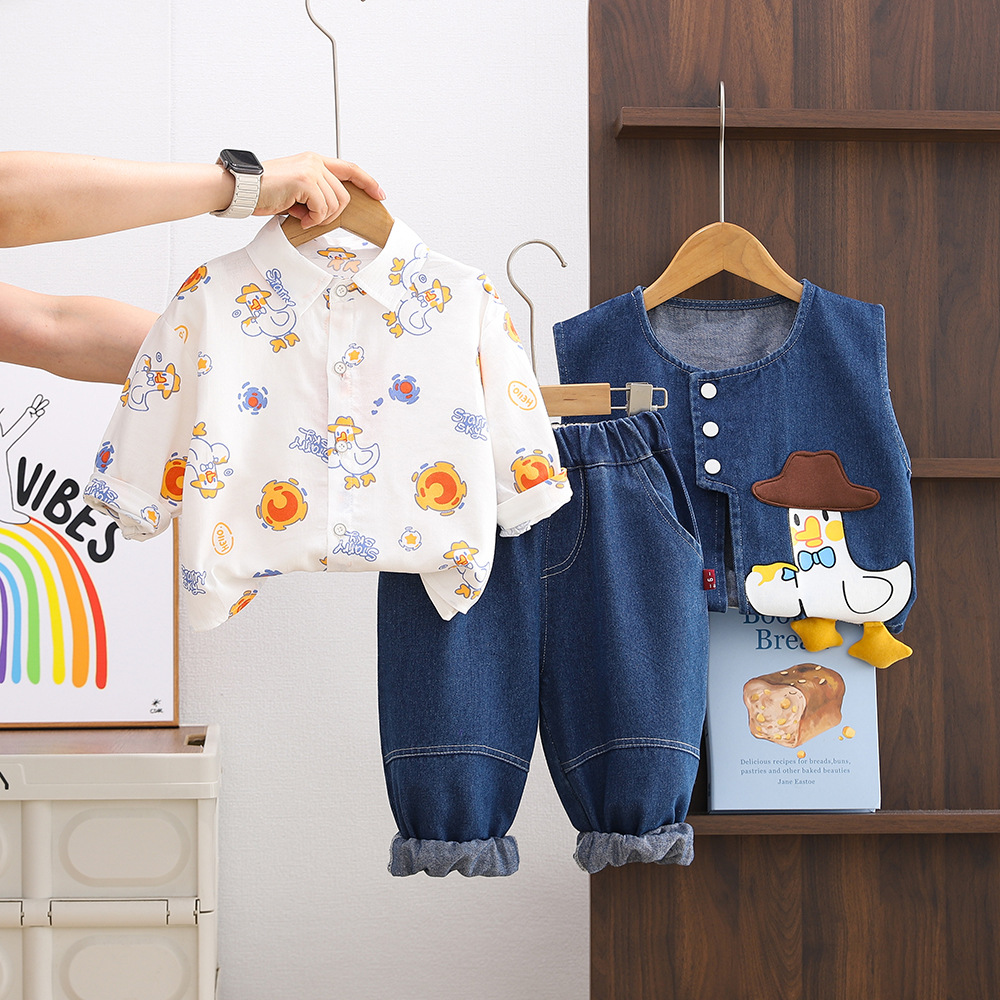 Boys' autumn fashion western-style set, children's 2025 new spring and autumn style cartoon duck cowboy vest three piece set, boys' bab