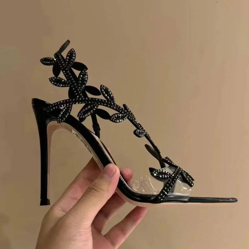 2025 New Temperament Fashion High Heels Pointy Rhinester Leaf Stiletto Sandals Dinner Party Shoes ddmymonkey