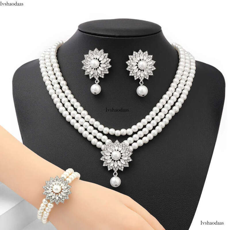 Womens Pearl Necklace Cubic Zirconia Dubai Dinner Set Party Engagement Handmade Jewelry Accessories