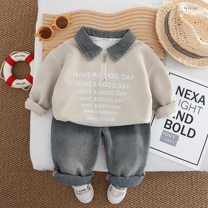 Boys' autumn outfit set with half zipper denim collar, baby polo, baby and children's two-piece set, new stylish spring and autumn hoodie