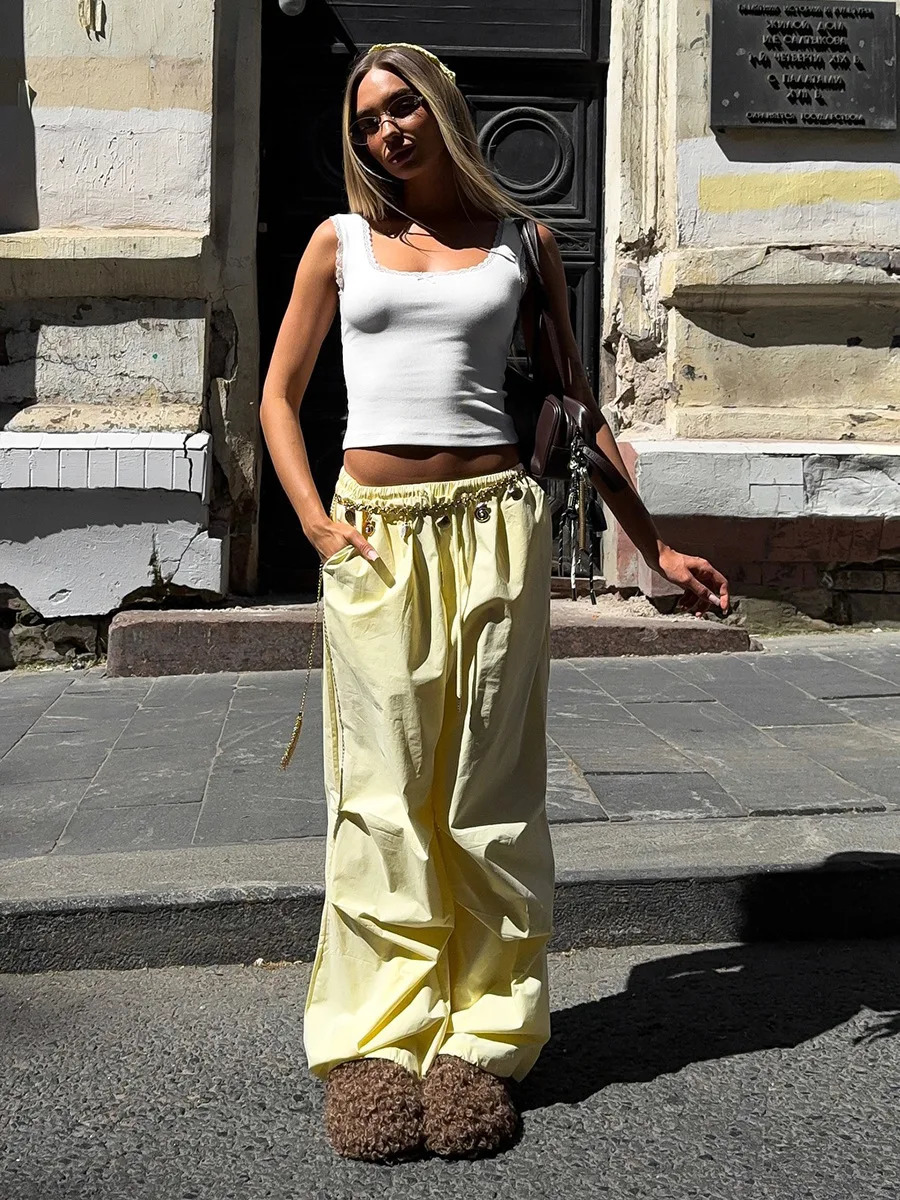 Blubelle Womens Low Waist Cargo Pants Drawstring Ruched 100Cotton Baggy Trousers Elastic Hem Autumn Casual Streetwear 251017