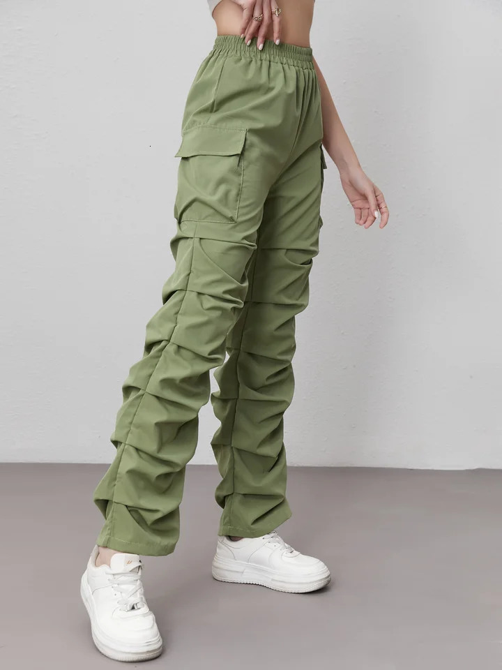 Womens Elastic High Waist Cargo Pants with Large Pockets Outdoor Casual Trousers 251017
