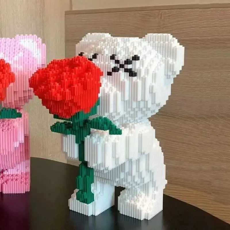 Cute Pink Flower Rose 3D Bear Micro Building Block Toy Educational Toy For Kids Couple Gift Desktop Home Decorations L251016IOMG