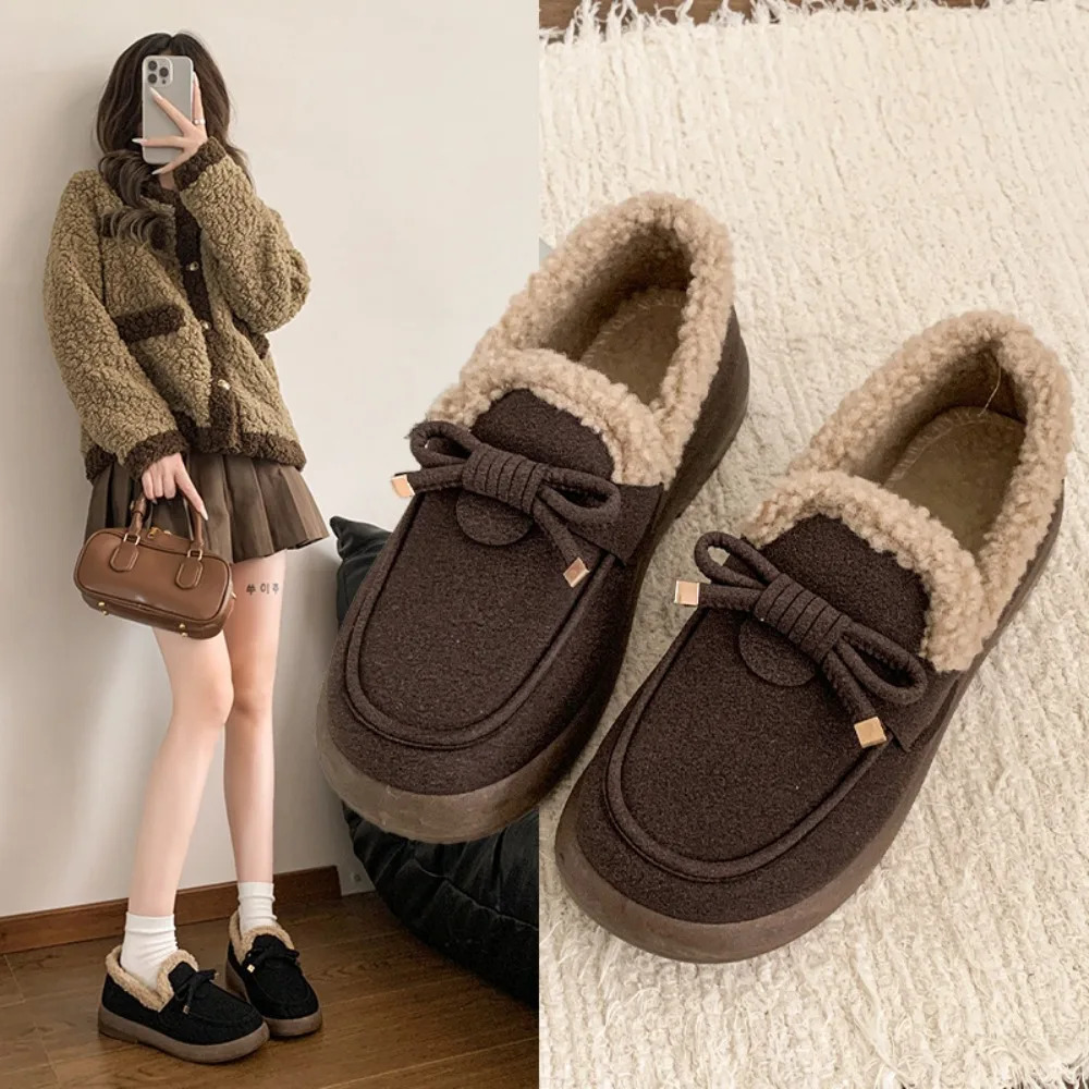 Women Winter Casual Shoes Moccasins Soft Flat Nonslip Loafers Fashion Comfort Warm Plush Bow Slip on Female Cotton Shoes 251013
