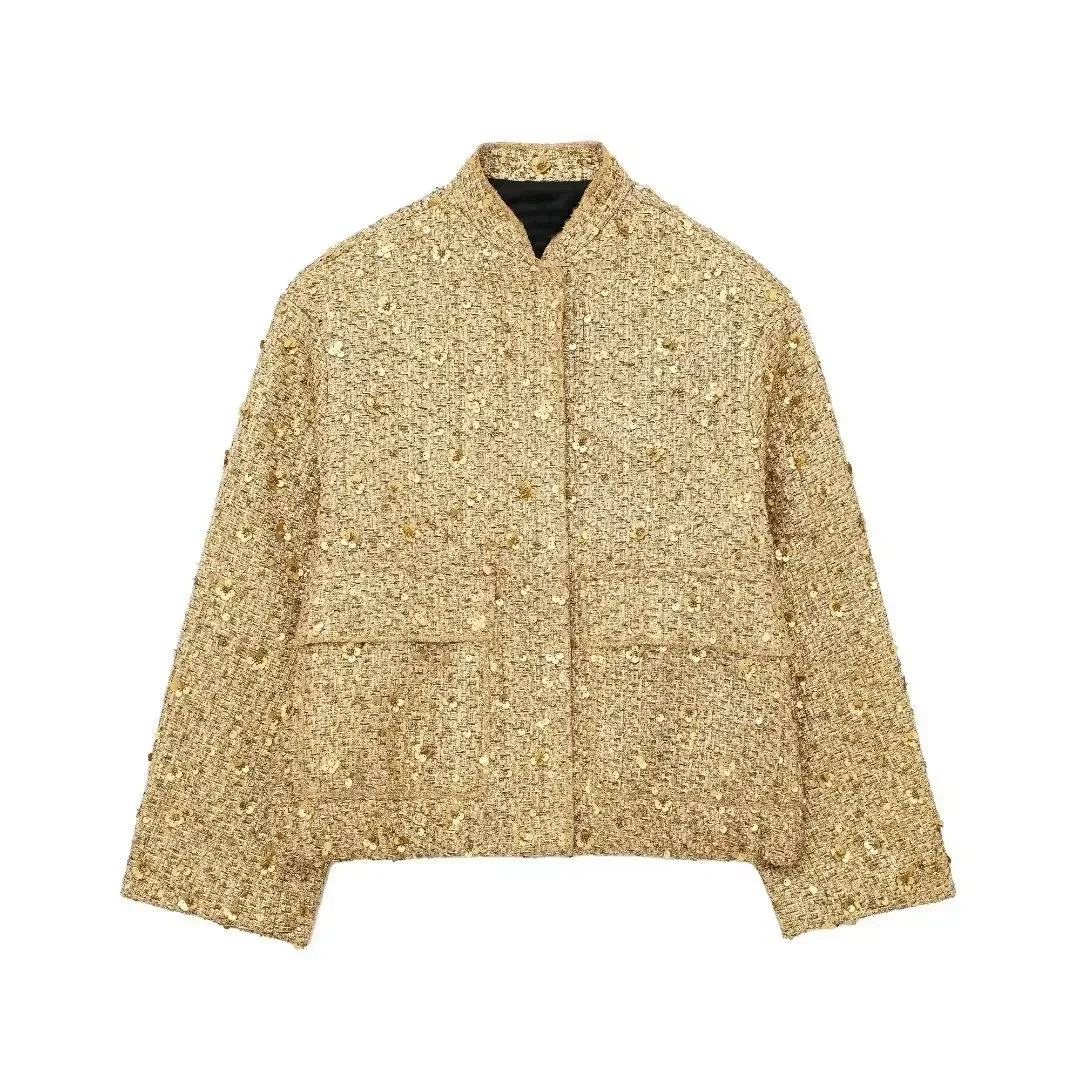 Suninheart Womens Sequined Bomber Jacket Fall O Neck Long Sleeve Gold Sequins Jacket Coat Female Glitter Chic Outerwear 251010