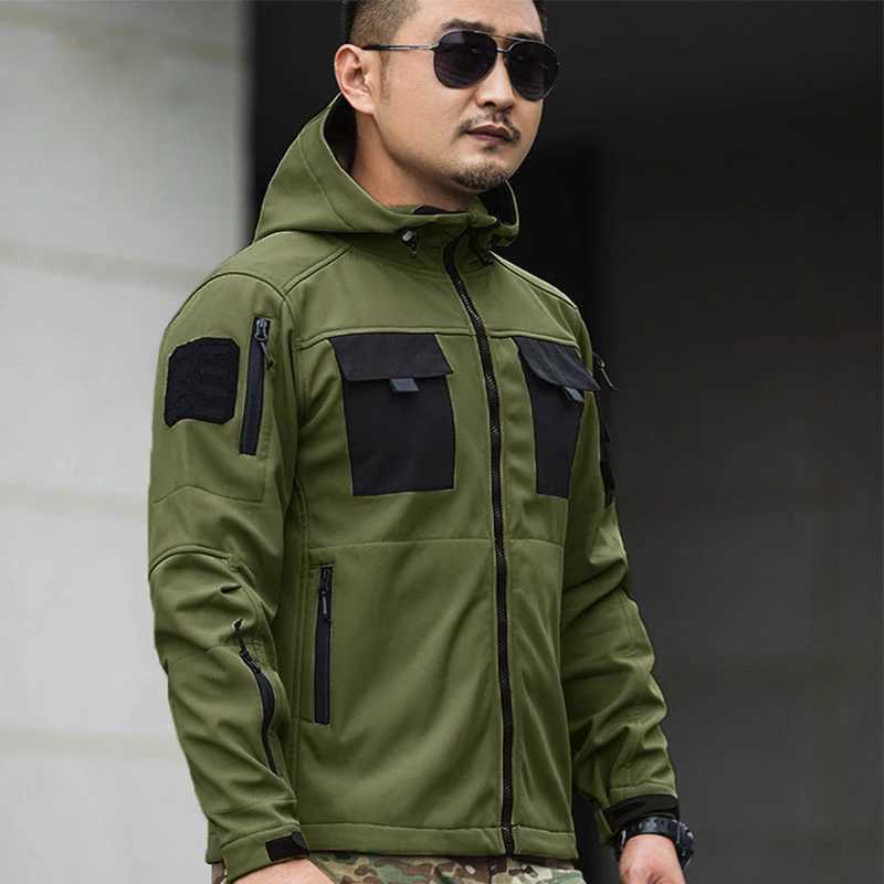 Outdoor Tactical Set Men Military Multipocket Hooded Work JacketWindproof Waterproof Fleece Cargo Pants Winter Sharkskin Suit W251018