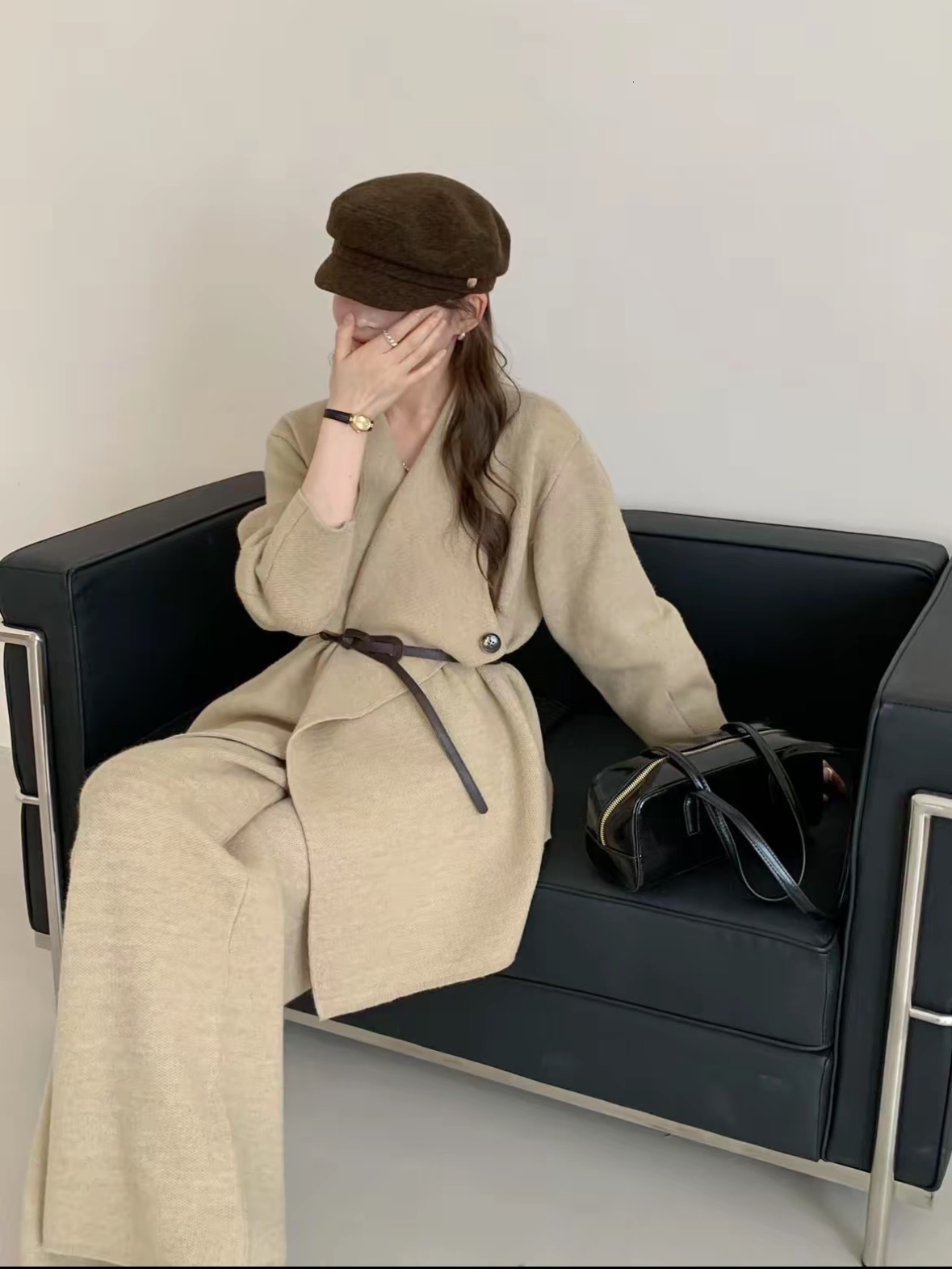 design 2025 Autumn/Winter New Top Lazy Women's High end Knitted Set Big Collar Sweater Jacket Luxury Wide Designer Jacket Long Pants Two piece Se