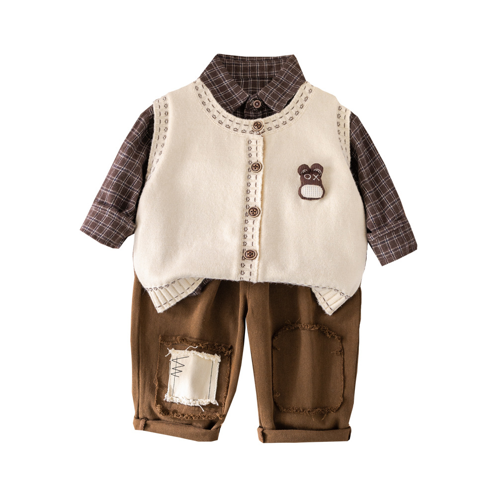 Boys' Spring and Autumn Set 2025 New Style Children's Western Style Baby Bear Head Cardigan Sweater 3-Piece Set Trendy free shipping designe