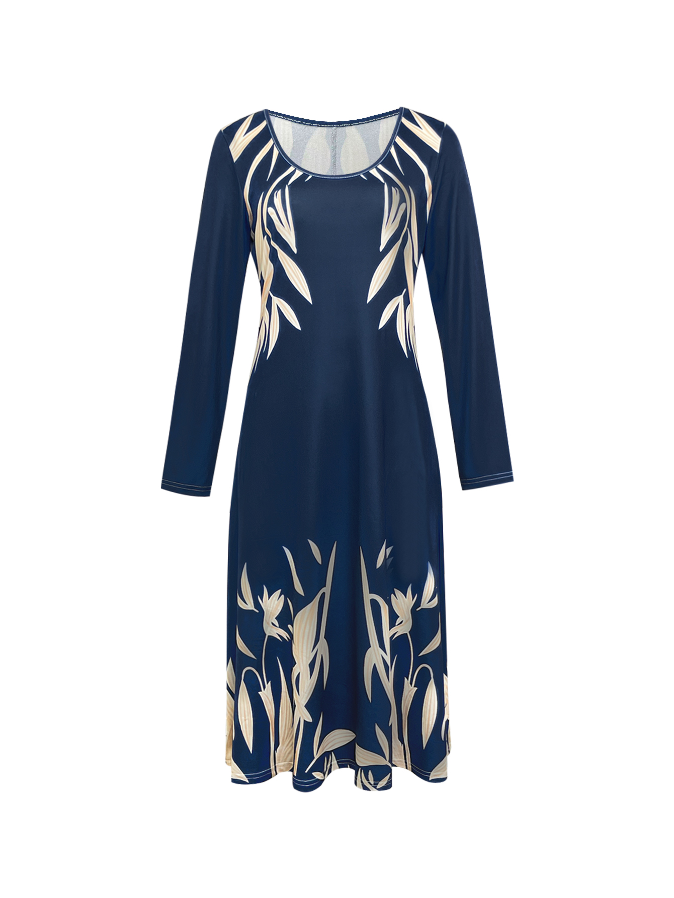 Women's Autumn Winter Botanical Floral Print Long Sleeve Maxi Dress - Elegant Office Casual Navy Blue Dress-CF56264