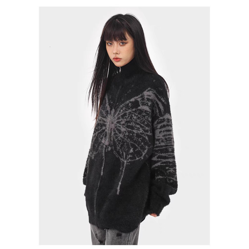 Harajuku Cardigan Coat for Women Fashion Black Gothic Clothes Pull Femme Y2k Tops Casual Zipper Korean Knitted Oversized Sweater 240808