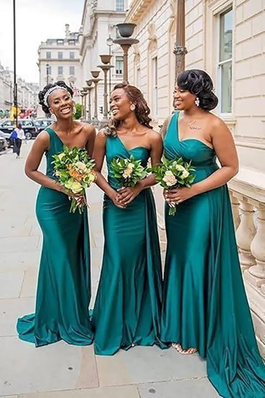 Emerald Green Satin Mermaid Bridesmaid Dresses Elegant One Shoulder Ruched Floor Length Maid Of Honor Gowns Formal Dresses BM17