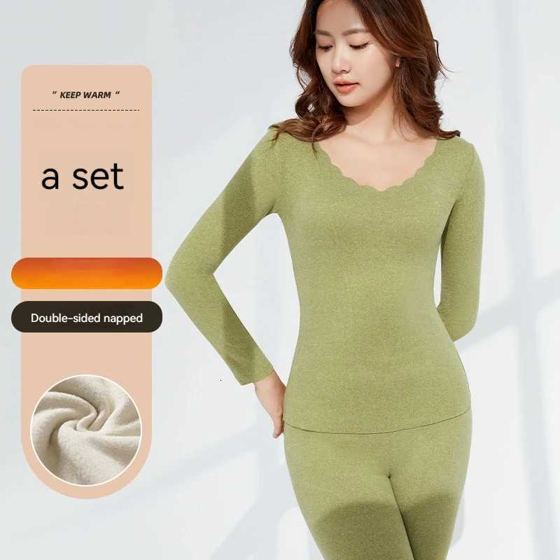 New Thermal Underwear With Plush Thickened Round Neck Solid Color Heating Clothes Autumn Pants Womens Set Womens home clothing T251018