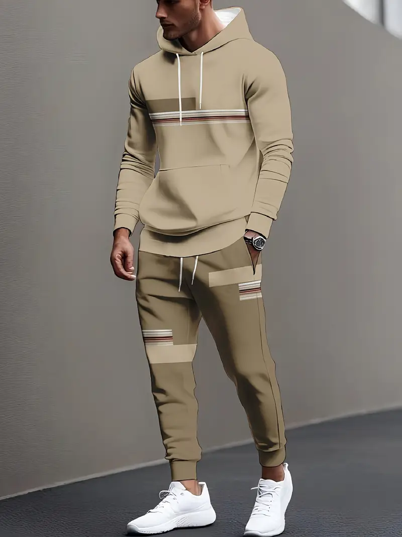 Men's Stripe Print Two Piece Cotton Tracksuit - Comfortable Hooded Jacket & Pants Set 2-3-2