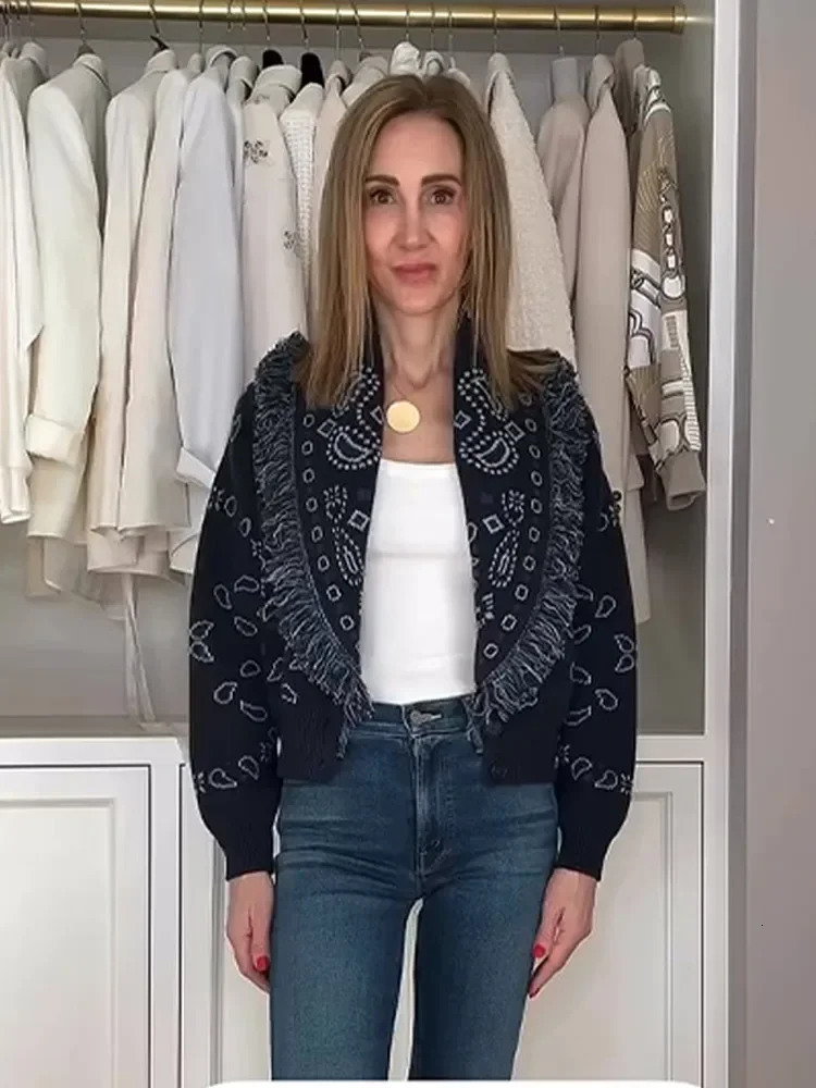 Fashion Printed Tassle Short Cardigan Women Solid Full Sleeve Button Up Loose Sweater Autumn Chic Female Daily Casual Coat 251016