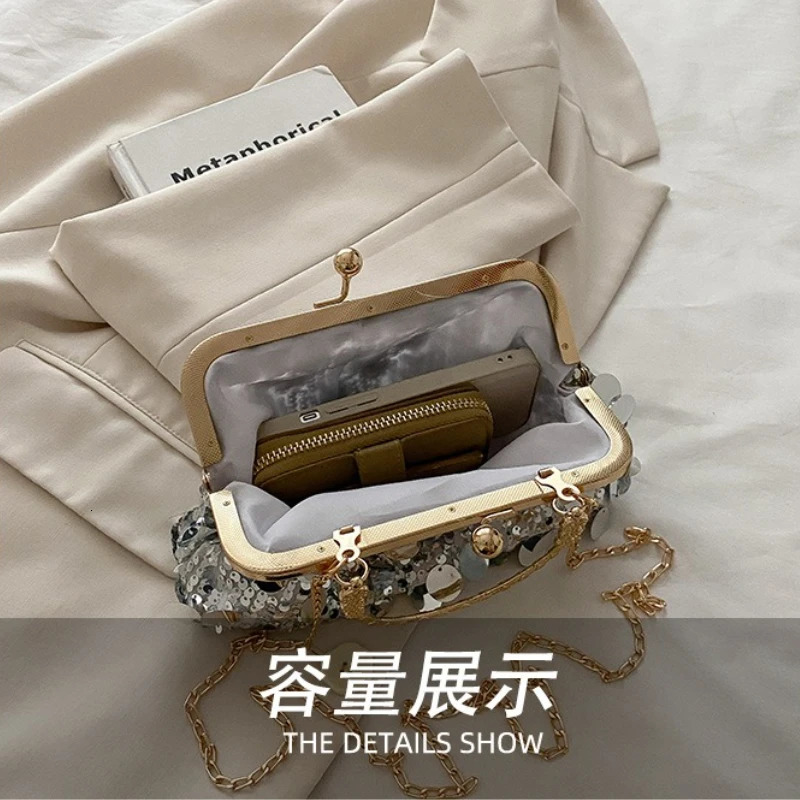 Elegant Sequined Evening Shoulder Bags for Women Solid Color Ladies Clip Chain Crossbody Bag Casual Female Shell Handbags Purse R251018