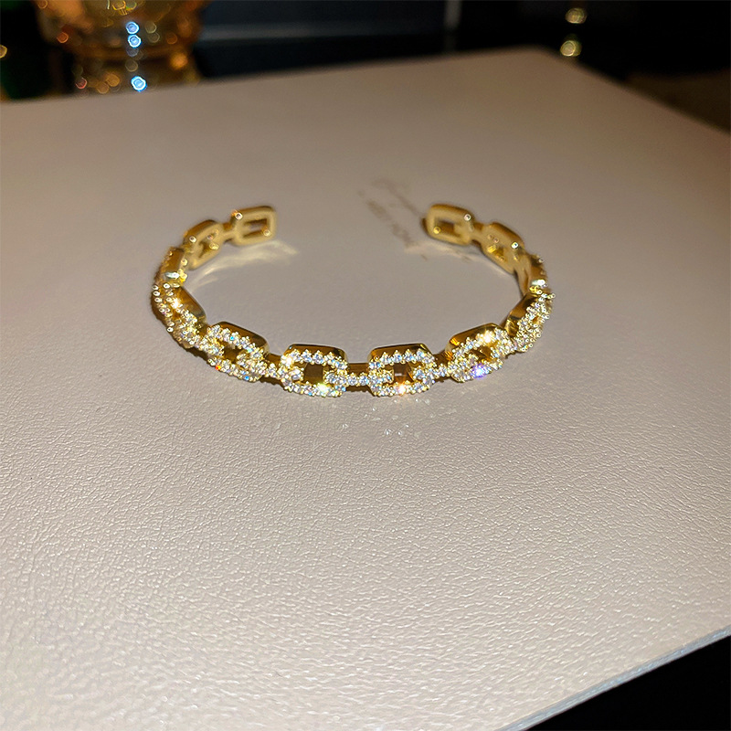 Super Shiny Open Cuff Bracelet Real Gold Plated with Zirconia, Waterproof & Elegant Jewelry for Daily Wear - view 6