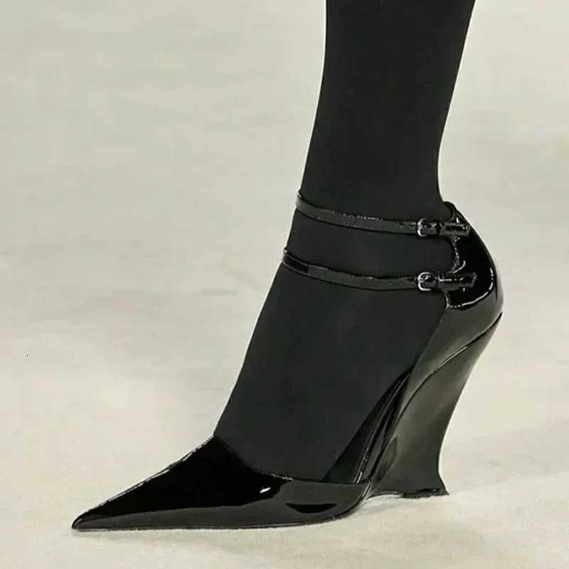 Elegant Red Patent Leather Wedges High Heels Women Sexy Pointed Toe Pumps Fashion Double Buckle Strap Ladies Party Dress Shoes Z251015