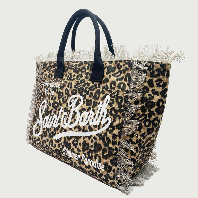 St. Bart Women's Large Capacity Casual Travel Leopard Canvas Tassel Handbag Tote Bag with Letter Print