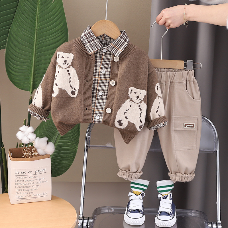 Baby spring outfit set, stylish, 1-4 year old boy's teddy bear long sleeved sweater three piece set, baby and children's clothing free shipp