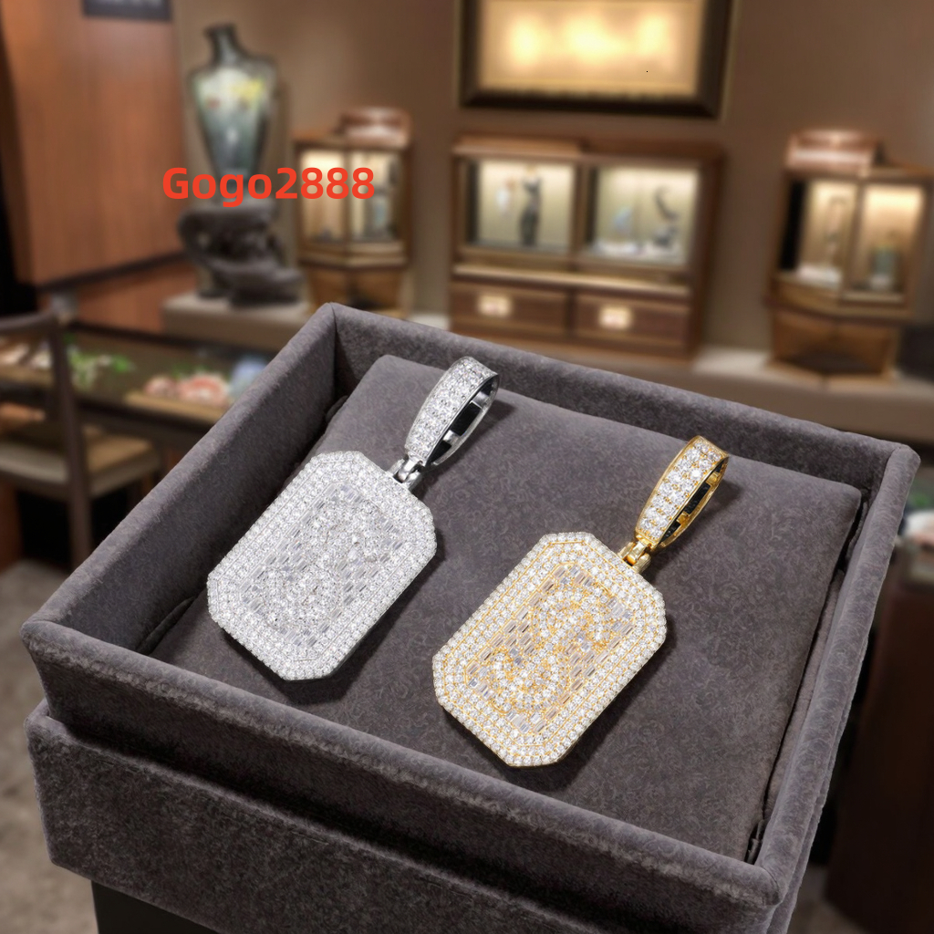 New Arrival 925 Sterling Silver Moissanite Dog Tag Pendant Necklace Iced Out Baguette Dollar Sign Hip Hop Jewelry for Men