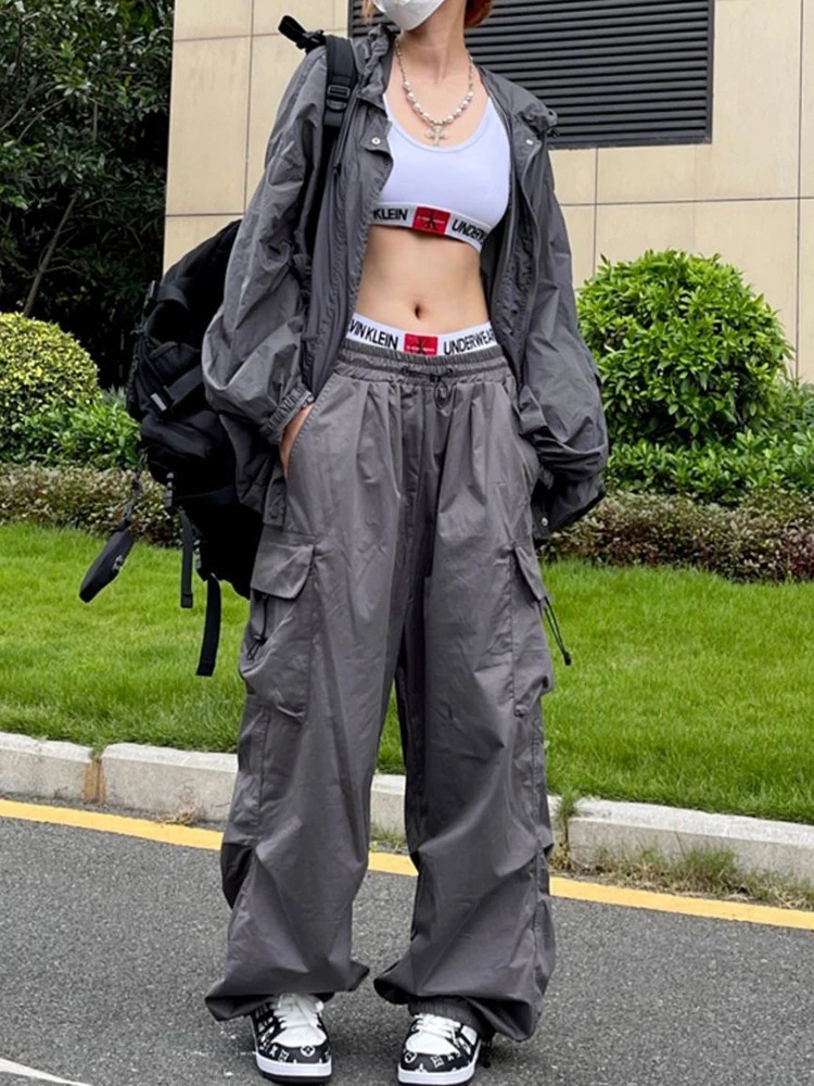 Y2K Parachute Black Pants Women Hippie Streetwear Oversize Pockets Cargo Trousers Harajuku Wide Leg Baggy Sweatpants 251017